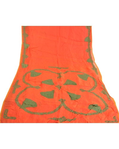 Sanskriti Vintage Orange Sarees Pure Silk Hand Beaded Applique Work Sari Fabric, PS-59494-Orange-Applique Work-100% Pure Silk-8