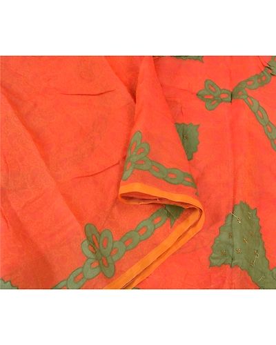 Sanskriti Vintage Orange Sarees Pure Silk Hand Beaded Applique Work Sari Fabric, PS-59494-Orange-Applique Work-100% Pure Silk-9