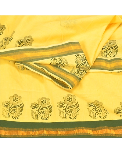 Sanskriti Vintage Yellow Sarees Blend Cotton Block Printed Premium Sari Fabric, PS-59526-Yellow-Block Printed Work-Blend Cotton-2