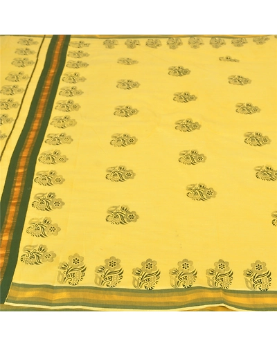 Sanskriti Vintage Yellow Sarees Blend Cotton Block Printed Premium Sari Fabric, PS-59526-Yellow-Block Printed Work-Blend Cotton-4