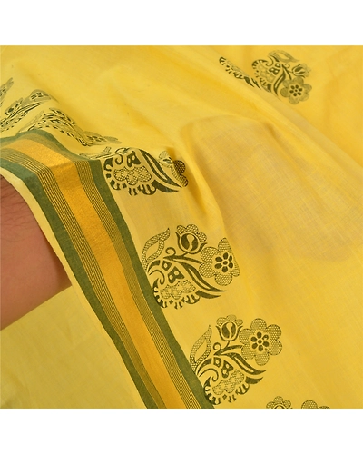 Sanskriti Vintage Yellow Sarees Blend Cotton Block Printed Premium Sari Fabric, PS-59526-Yellow-Block Printed Work-Blend Cotton-5