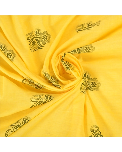 Sanskriti Vintage Yellow Sarees Blend Cotton Block Printed Premium Sari Fabric, PS-59526-Yellow-Block Printed Work-Blend Cotton-7