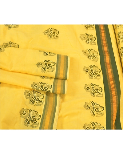 Sanskriti Vintage Yellow Sarees Blend Cotton Block Printed Premium Sari Fabric, PS-59526-Yellow-Block Printed Work-Blend Cotton-8