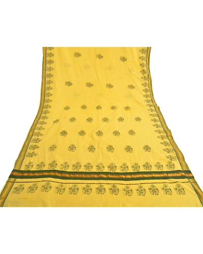 Sanskriti Vintage Yellow Sarees Blend Cotton Block Printed Premium Sari Fabric, PS-59526-Yellow-Block Printed Work-Blend Cotton-9