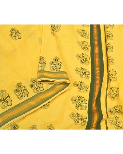 Sanskriti Vintage Yellow Sarees Blend Cotton Block Printed Premium Sari Fabric, PS-59526-Yellow-Block Printed Work-Blend Cotton-10