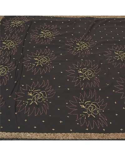 Sanskriti Vintage Black Sarees Georgette Hand Beaded Premium Sari Craft Fabric, PS-59550-Black-Beaded Work-Georgette-3