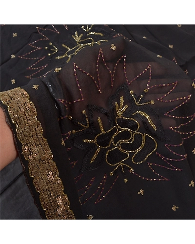 Sanskriti Vintage Black Sarees Georgette Hand Beaded Premium Sari Craft Fabric, PS-59550-Black-Beaded Work-Georgette-4
