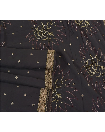 Sanskriti Vintage Black Sarees Georgette Hand Beaded Premium Sari Craft Fabric, PS-59550-Black-Beaded Work-Georgette-7