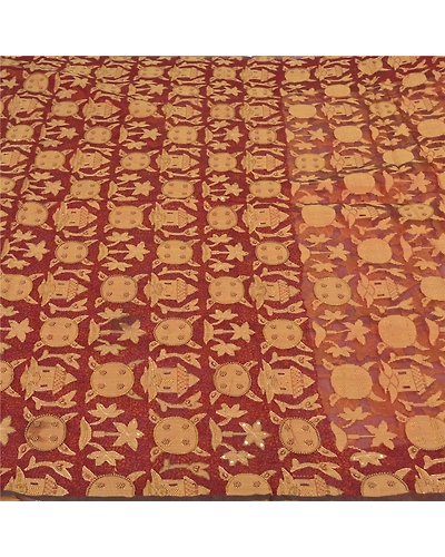 Sanskriti Vintage Indian Sarees Pure Organza Silk Hand Beaded Woven Sari Fabric, PS-59556-Dark Red-45-Pure Organza Silk-3