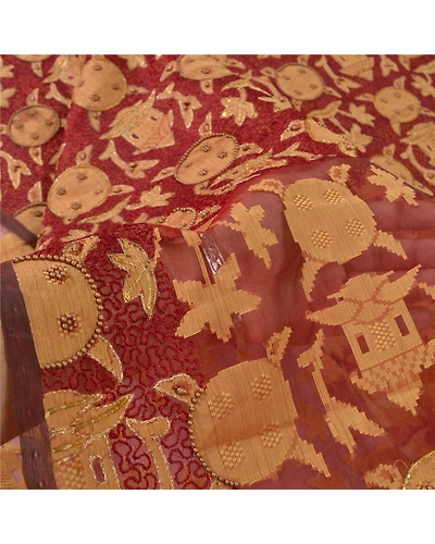 Sanskriti Vintage Indian Sarees Pure Organza Silk Hand Beaded Woven Sari Fabric, PS-59556-Dark Red-45-Pure Organza Silk-4
