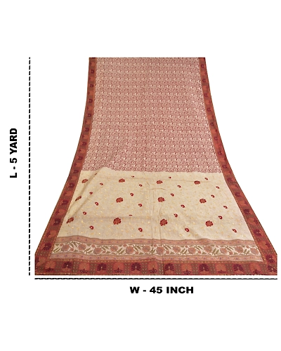 Sanskriti Vintage Sarees 100% Pure Silk Embroidered Printed Premium Sari Fabric, PS-59558-Dark Red &amp; Ivory-Thread Work-Pure Silk-1