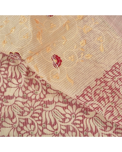 Sanskriti Vintage Sarees 100% Pure Silk Embroidered Printed Premium Sari Fabric, PS-59558-Dark Red &amp; Ivory-Thread Work-Pure Silk-2