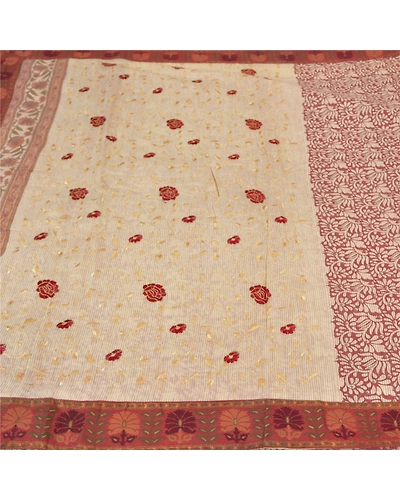 Sanskriti Vintage Sarees 100% Pure Silk Embroidered Printed Premium Sari Fabric, PS-59558-Dark Red &amp; Ivory-Thread Work-Pure Silk-3
