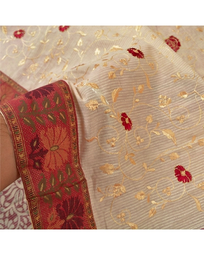 Sanskriti Vintage Sarees 100% Pure Silk Embroidered Printed Premium Sari Fabric, PS-59558-Dark Red &amp; Ivory-Thread Work-Pure Silk-4