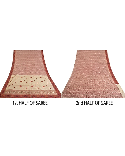 Sanskriti Vintage Sarees 100% Pure Silk Embroidered Printed Premium Sari Fabric, PS-59558-Dark Red &amp; Ivory-Thread Work-Pure Silk-5