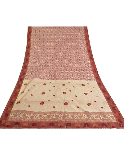 Sanskriti Vintage Sarees 100% Pure Silk Embroidered Printed Premium Sari Fabric, PS-59558-Dark Red &amp; Ivory-Thread Work-Pure Silk-8