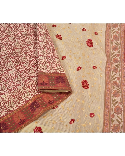 Sanskriti Vintage Sarees 100% Pure Silk Embroidered Printed Premium Sari Fabric, PS-59558-Dark Red &amp; Ivory-Thread Work-Pure Silk-9