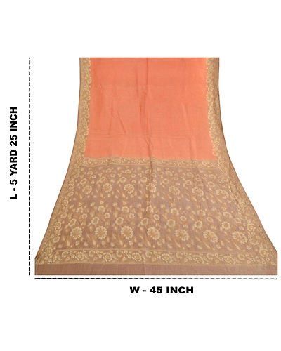 Sanskriti Vintage Peach Sarees 100% Pure Silk Woven Sari Craft 5 Yard Fabric, PS-59566-Shade Of Peach &amp; Brown-Woven Work-Pure Silk-1