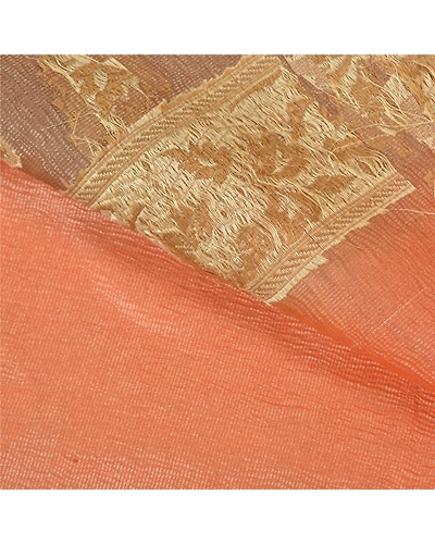 Sanskriti Vintage Peach Sarees 100% Pure Silk Woven Sari Craft 5 Yard Fabric, PS-59566-Shade Of Peach &amp; Brown-Woven Work-Pure Silk-2