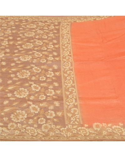 Sanskriti Vintage Peach Sarees 100% Pure Silk Woven Sari Craft 5 Yard Fabric, PS-59566-Shade Of Peach &amp; Brown-Woven Work-Pure Silk-3