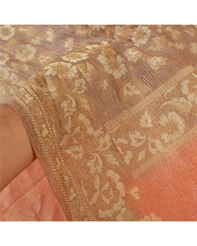 Sanskriti Vintage Peach Sarees 100% Pure Silk Woven Sari Craft 5 Yard Fabric, PS-59566-Shade Of Peach &amp; Brown-Woven Work-Pure Silk-4