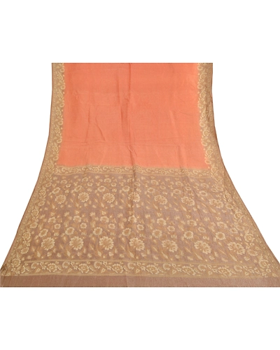 Sanskriti Vintage Peach Sarees 100% Pure Silk Woven Sari Craft 5 Yard Fabric, PS-59566-Shade Of Peach &amp; Brown-Woven Work-Pure Silk-8