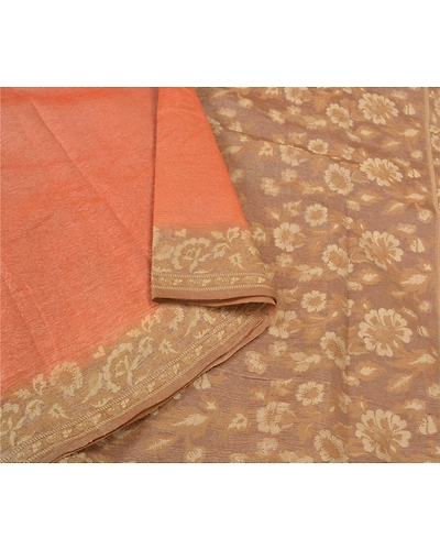 Sanskriti Vintage Peach Sarees 100% Pure Silk Woven Sari Craft 5 Yard Fabric, PS-59566-Shade Of Peach &amp; Brown-Woven Work-Pure Silk-9