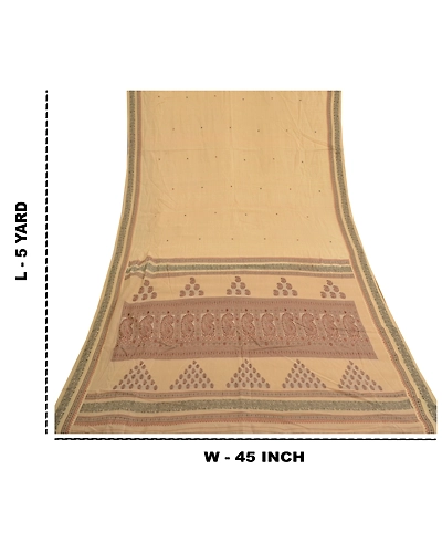 Sanskriti Vintage Beige Indian Sarees 100% Pure Cotton Woven Premium Sari Fabric, PS-59571-Shade Of Beige &amp; Cream-Woven Work-Pure Cotton-1