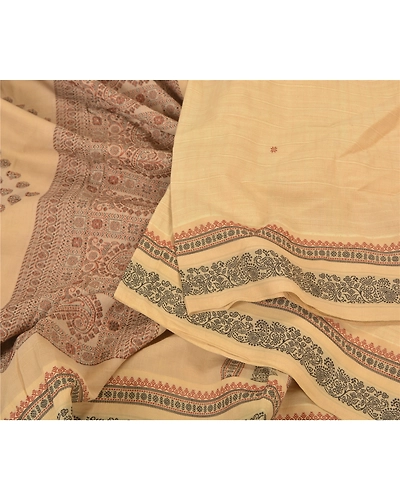 Sanskriti Vintage Beige Indian Sarees 100% Pure Cotton Woven Premium Sari Fabric, PS-59571-Shade Of Beige &amp; Cream-Woven Work-Pure Cotton-2