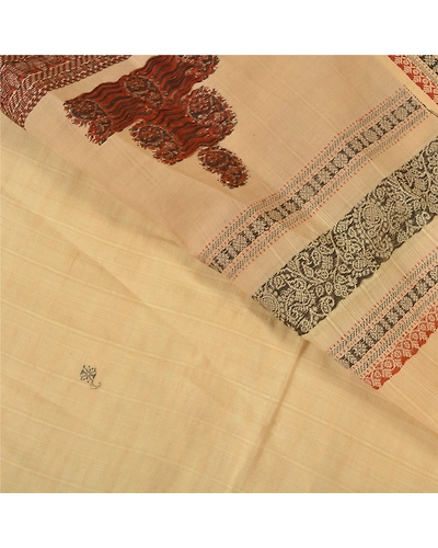 Sanskriti Vintage Beige Indian Sarees 100% Pure Cotton Woven Premium Sari Fabric, PS-59571-Shade Of Beige &amp; Cream-Woven Work-Pure Cotton-3