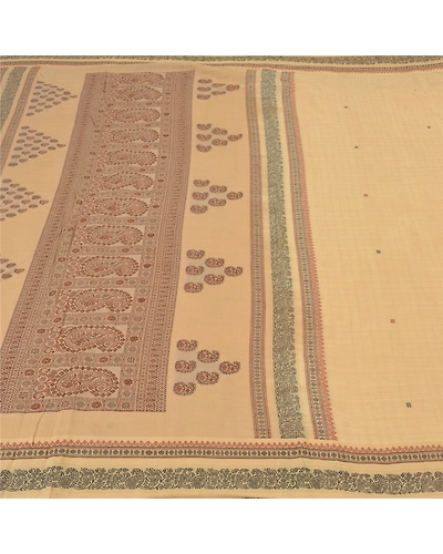 Sanskriti Vintage Beige Indian Sarees 100% Pure Cotton Woven Premium Sari Fabric, PS-59571-Shade Of Beige &amp; Cream-Woven Work-Pure Cotton-4