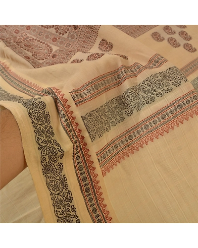Sanskriti Vintage Beige Indian Sarees 100% Pure Cotton Woven Premium Sari Fabric, PS-59571-Shade Of Beige &amp; Cream-Woven Work-Pure Cotton-5