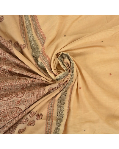 Sanskriti Vintage Beige Indian Sarees 100% Pure Cotton Woven Premium Sari Fabric, PS-59571-Shade Of Beige &amp; Cream-Woven Work-Pure Cotton-7