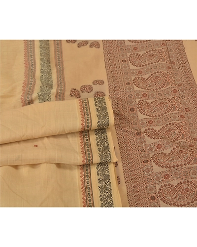 Sanskriti Vintage Beige Indian Sarees 100% Pure Cotton Woven Premium Sari Fabric, PS-59571-Shade Of Beige &amp; Cream-Woven Work-Pure Cotton-8