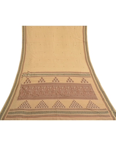 Sanskriti Vintage Beige Indian Sarees 100% Pure Cotton Woven Premium Sari Fabric, PS-59571-Shade Of Beige &amp; Cream-Woven Work-Pure Cotton-9