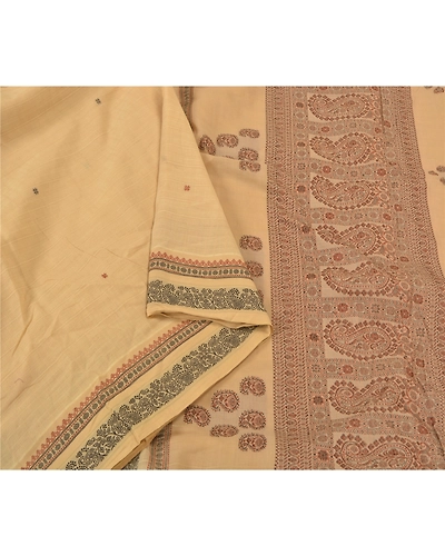 Sanskriti Vintage Beige Indian Sarees 100% Pure Cotton Woven Premium Sari Fabric, PS-59571-Shade Of Beige &amp; Cream-Woven Work-Pure Cotton-10