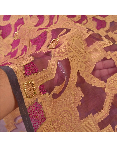 Sanskriti Vintage Purple Sarees Pure Organza Silk Hand Beaded Woven Sari Fabric, PS-59600-Purple-Woven Work-100% Pure Organza Silk-4