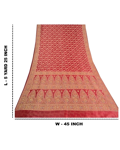 Sanskriti Vintage Red Sarees Art Silk Hand Beaded Cultural Sari Craft Fabric, PS-59614-Red-Woven Work-Art Silk-1