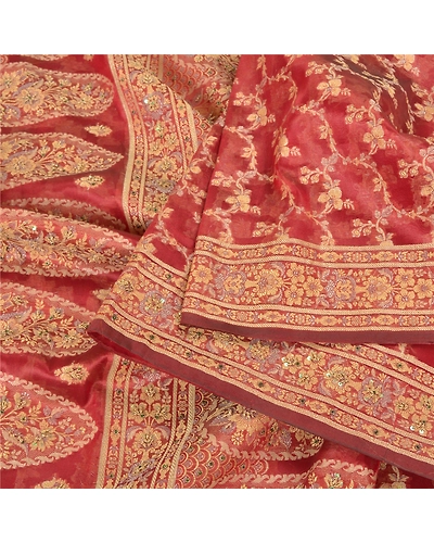 Sanskriti Vintage Red Sarees Art Silk Hand Beaded Cultural Sari Craft Fabric, PS-59614-Red-Woven Work-Art Silk-2