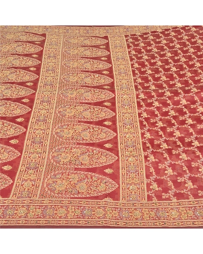 Sanskriti Vintage Red Sarees Art Silk Hand Beaded Cultural Sari Craft Fabric, PS-59614-Red-Woven Work-Art Silk-4