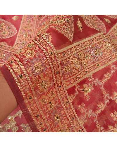 Sanskriti Vintage Red Sarees Art Silk Hand Beaded Cultural Sari Craft Fabric, PS-59614-Red-Woven Work-Art Silk-5