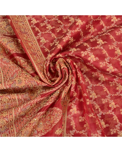 Sanskriti Vintage Red Sarees Art Silk Hand Beaded Cultural Sari Craft Fabric, PS-59614-Red-Woven Work-Art Silk-7