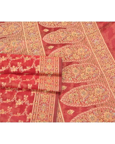 Sanskriti Vintage Red Sarees Art Silk Hand Beaded Cultural Sari Craft Fabric, PS-59614-Red-Woven Work-Art Silk-8