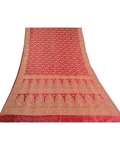 Sanskriti Vintage Red Sarees Art Silk Hand Beaded Cultural Sari Craft Fabric, PS-59614-Red-Woven Work-Art Silk-9