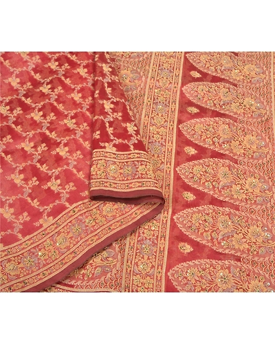 Sanskriti Vintage Red Sarees Art Silk Hand Beaded Cultural Sari Craft Fabric, PS-59614-Red-Woven Work-Art Silk-10