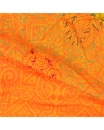 Sanskriti Vintage Saffron Sarees Pure Silk Hand Embroidered Kantha Sari Fabric, PS-59616-Saffron-Thread Work-100% Pure Silk-2