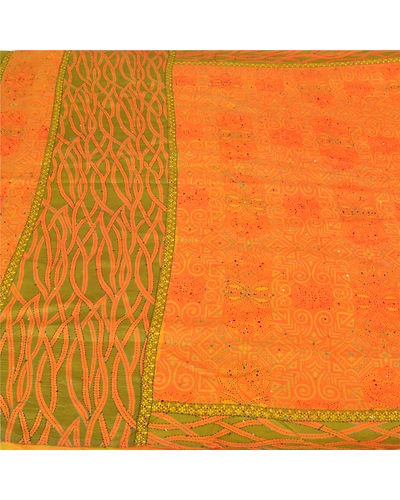 Sanskriti Vintage Saffron Sarees Pure Silk Hand Embroidered Kantha Sari Fabric, PS-59616-Saffron-Thread Work-100% Pure Silk-3