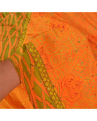 Sanskriti Vintage Saffron Sarees Pure Silk Hand Embroidered Kantha Sari Fabric, PS-59616-Saffron-Thread Work-100% Pure Silk-4