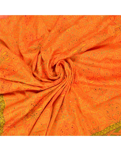 Sanskriti Vintage Saffron Sarees Pure Silk Hand Embroidered Kantha Sari Fabric, PS-59616-Saffron-Thread Work-100% Pure Silk-6