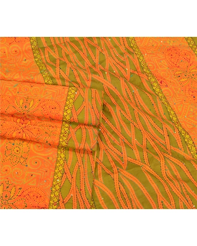 Sanskriti Vintage Saffron Sarees Pure Silk Hand Embroidered Kantha Sari Fabric, PS-59616-Saffron-Thread Work-100% Pure Silk-7